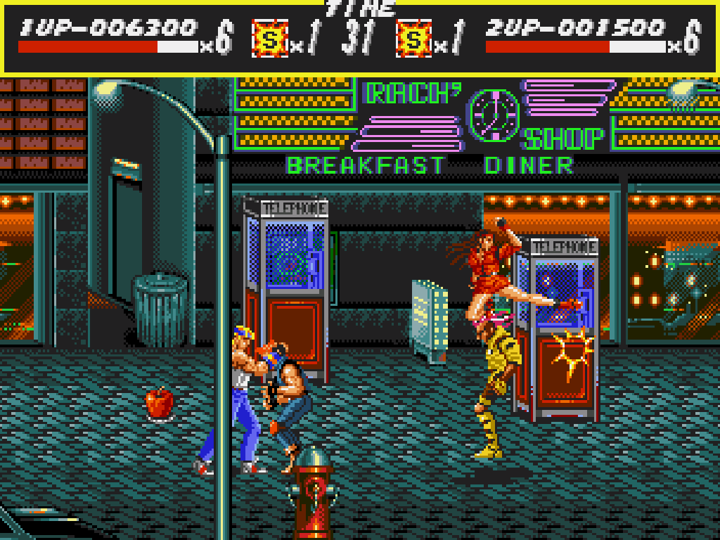 Axel e Blaze lutam em uma rua de Streets of Rage.