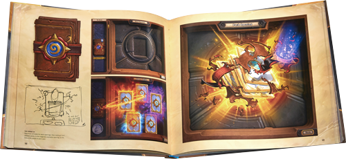 Livro aberto mostra esboço da caixa e versões iniciais da interface de Hearthstone
