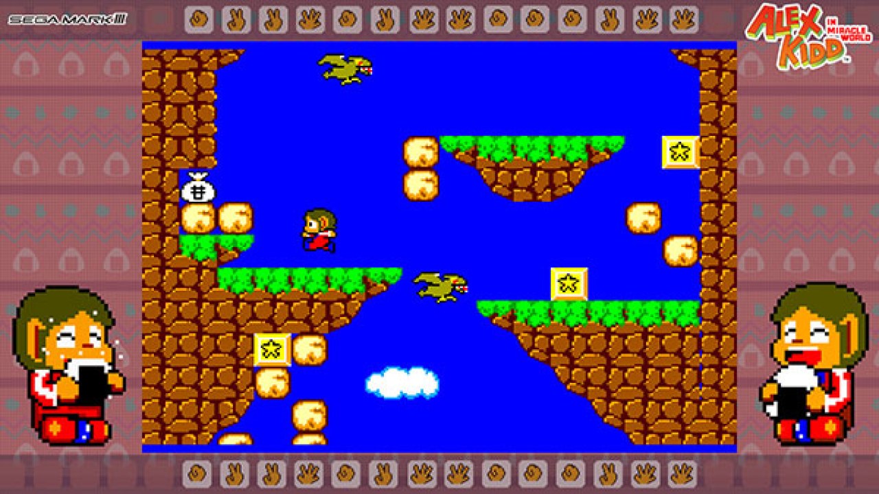 Cena de ação lateral em Alex Kidd in Miracle World com Alex Kidd avançando por uma fase