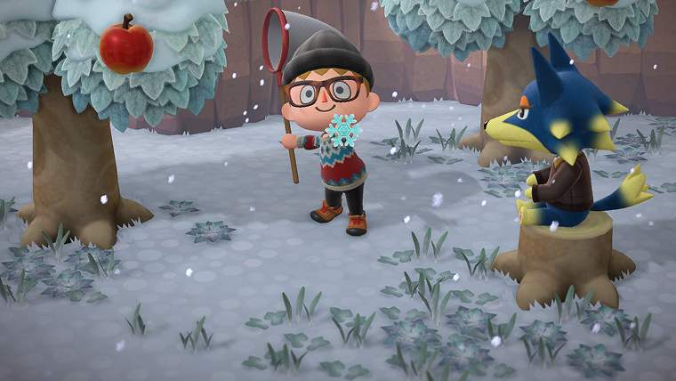 Morador de Animal Crossing: New Horizons em ilha com neve e vizinho animal.
