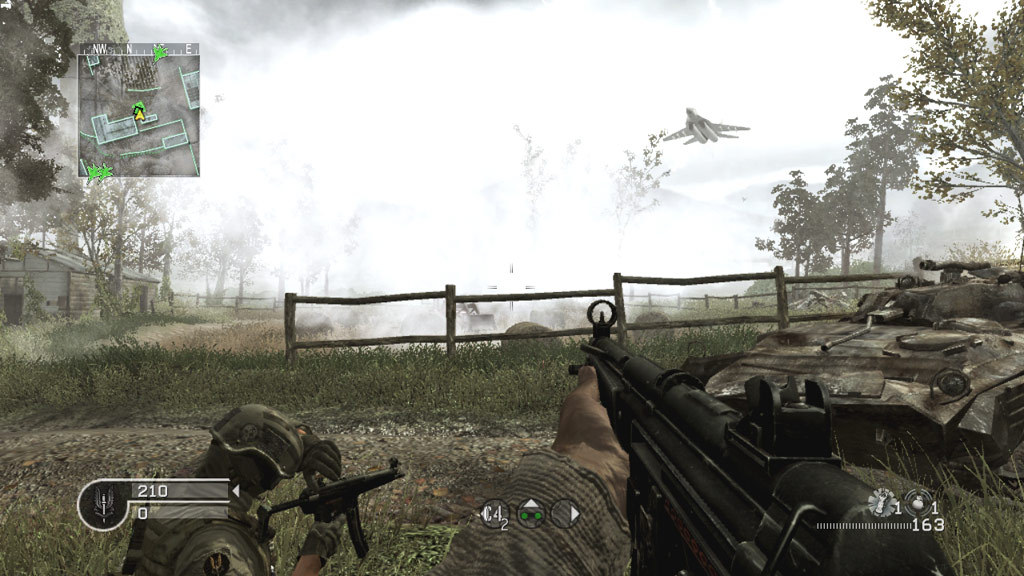 Pelotão avança com veículo blindado e apoio aéreo em Call of Duty 4
