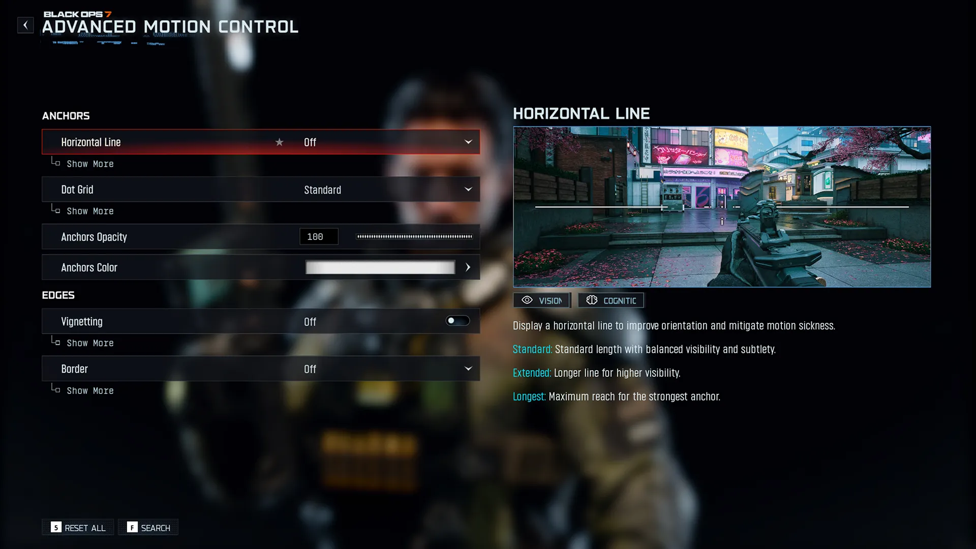 Menu de Black Ops 7 com linha horizontal, grade de pontos, vinheta e borda ajustáveis