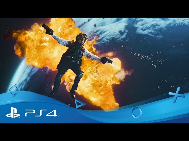 Personagem do trailer live-action salta diante de uma explosão no espaço