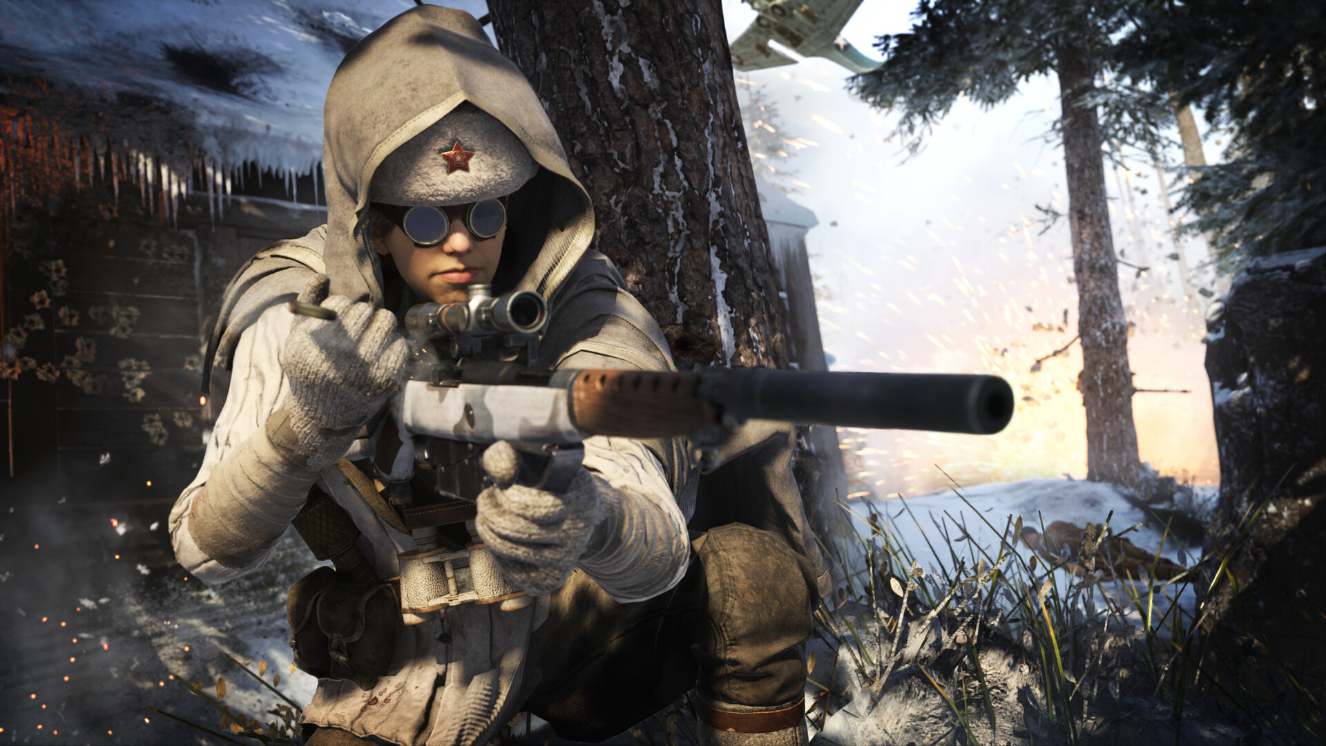 Polina Petrova observa uma cidade coberta de neve com seu rifle