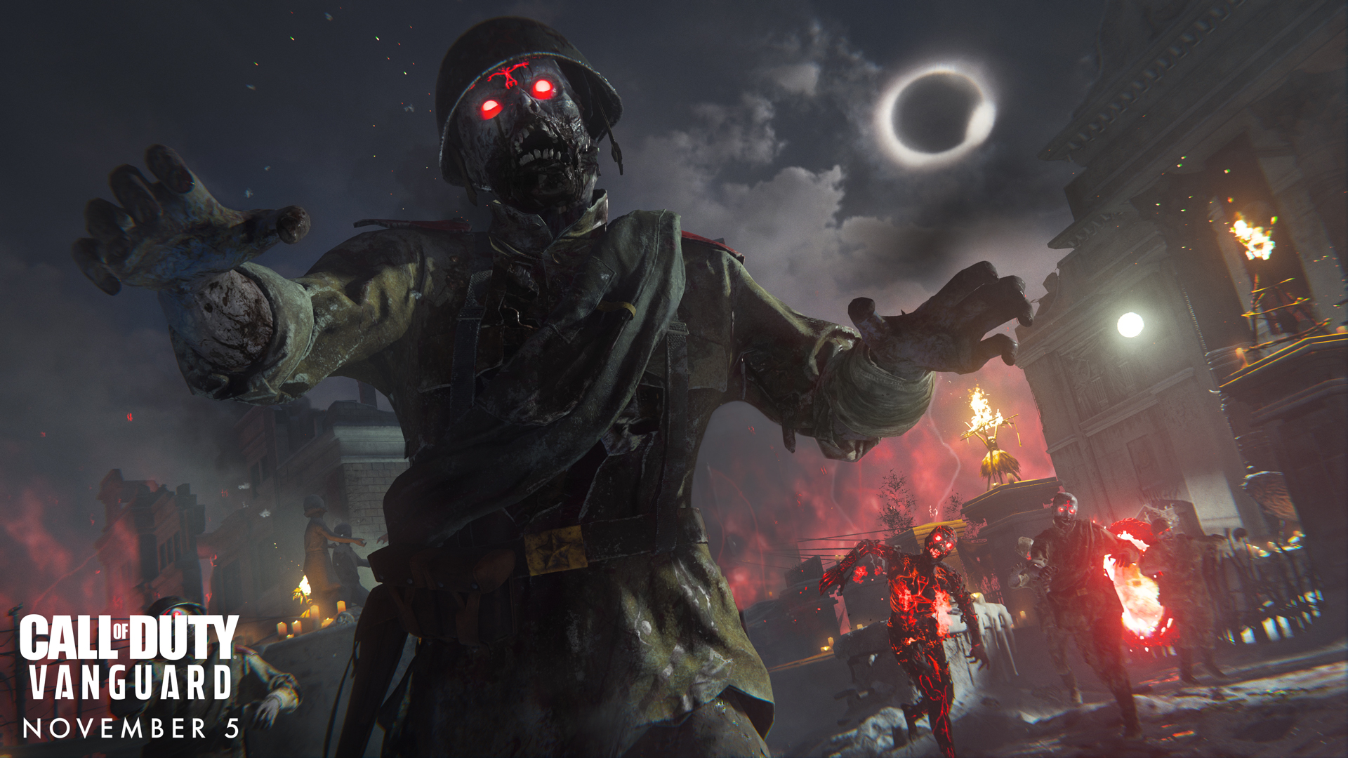 Criaturas cercam os combatentes sob um eclipse em Der Anfang
