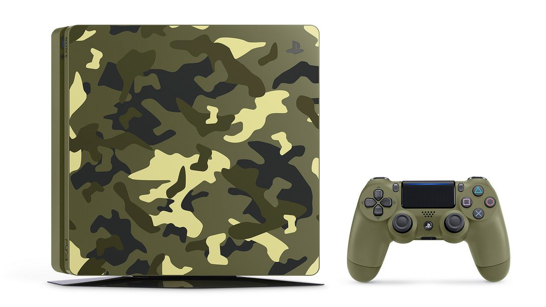 Console PlayStation 4 camuflado ao lado de um controle verde