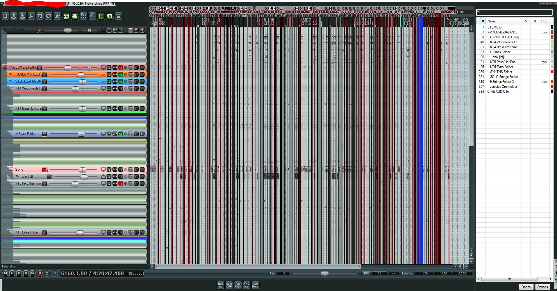 Projeto do REAPER mostra centenas de pistas e mais de quatro horas na linha do tempo