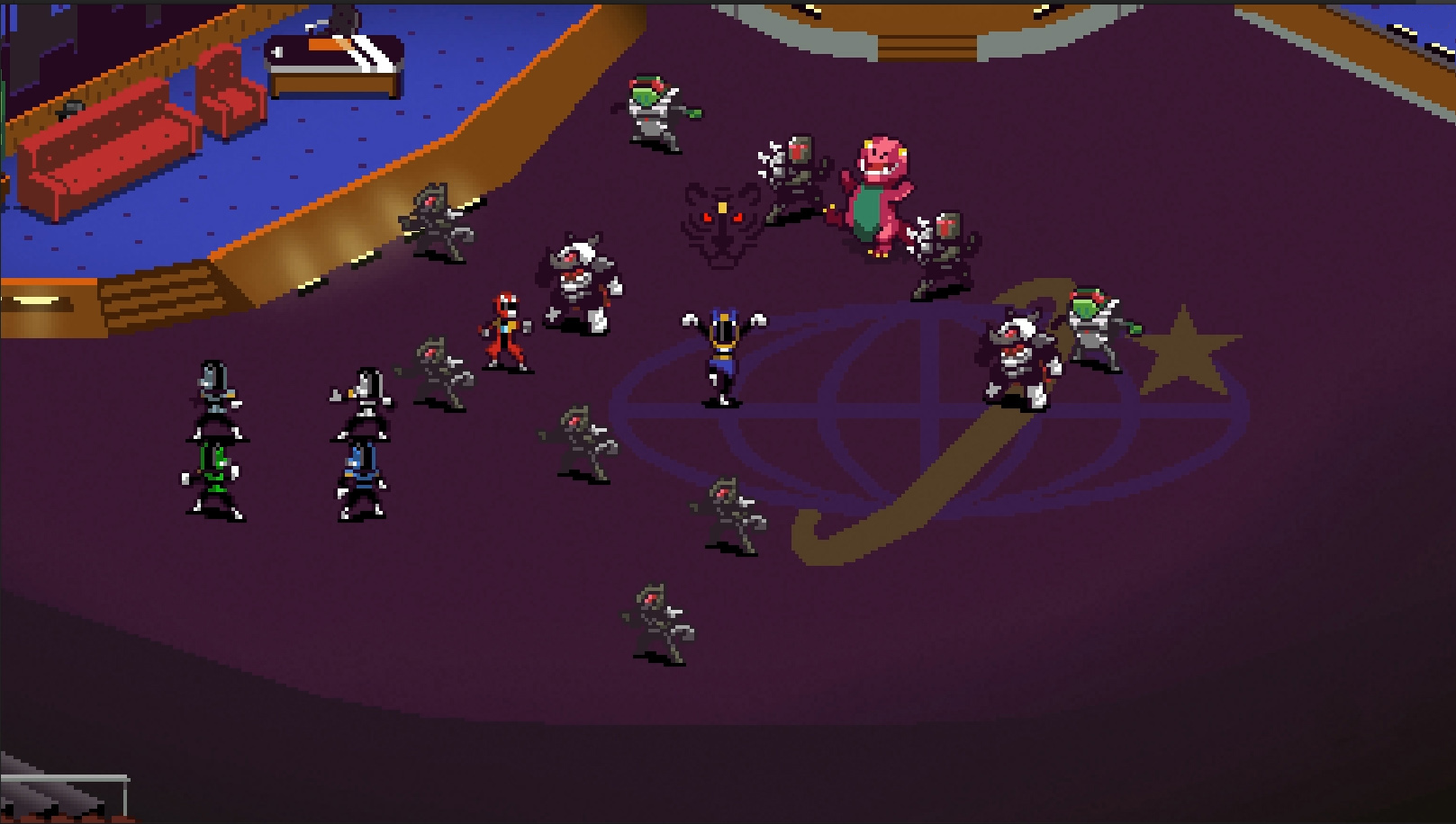 Interface de Chroma Squad com equipe e cenário de episódio