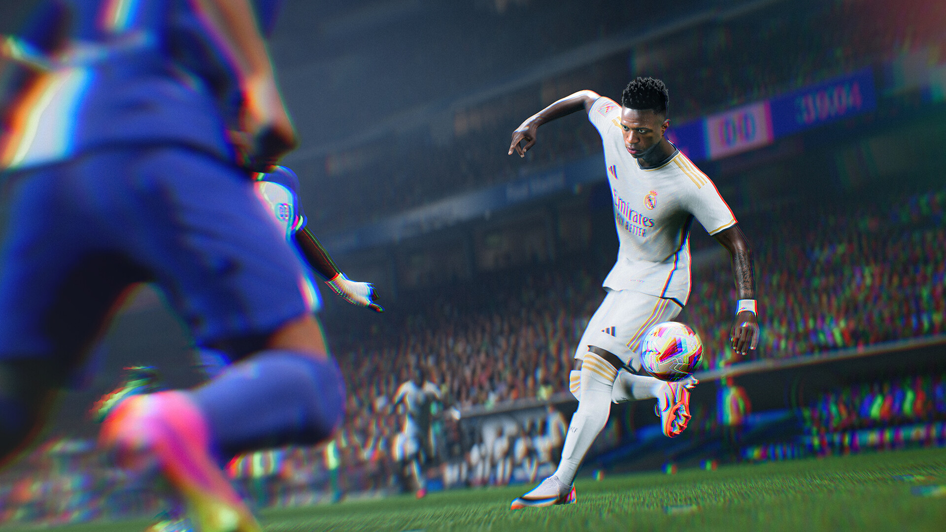 Vinícius Júnior conduz a bola durante uma partida de EA Sports FC 24