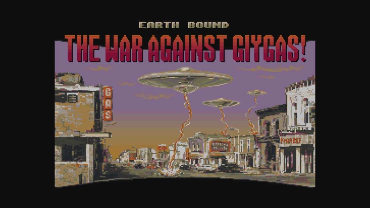 Screenshot oficial de EarthBound com a frase The War Against Giygas