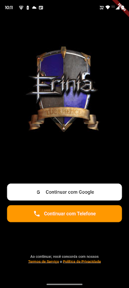 Tela de entrada do aplicativo oficial de Erinia