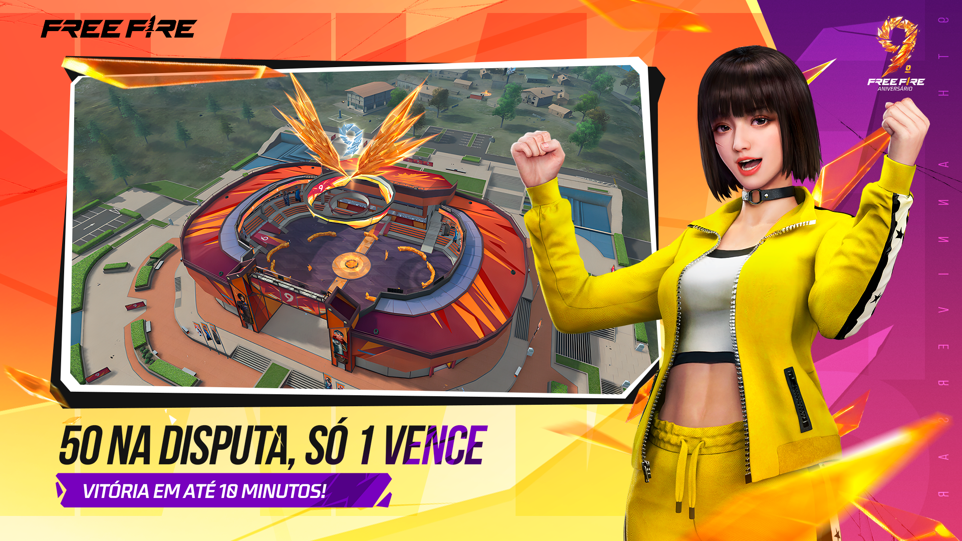 Vista aérea de uma área cheia de construções em Free Fire