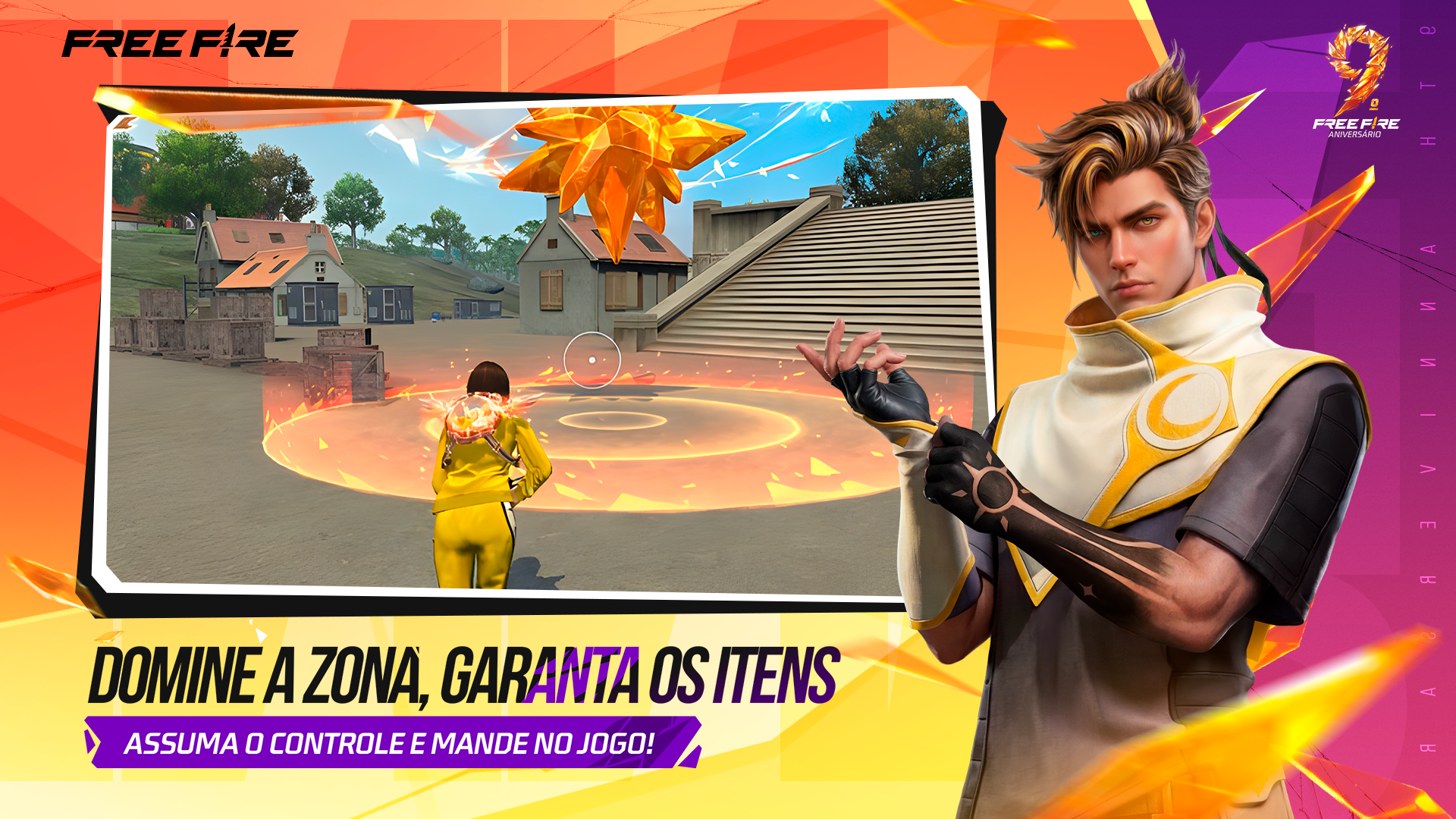 Personagem corre em direção a uma área marcada durante uma partida de Free Fire