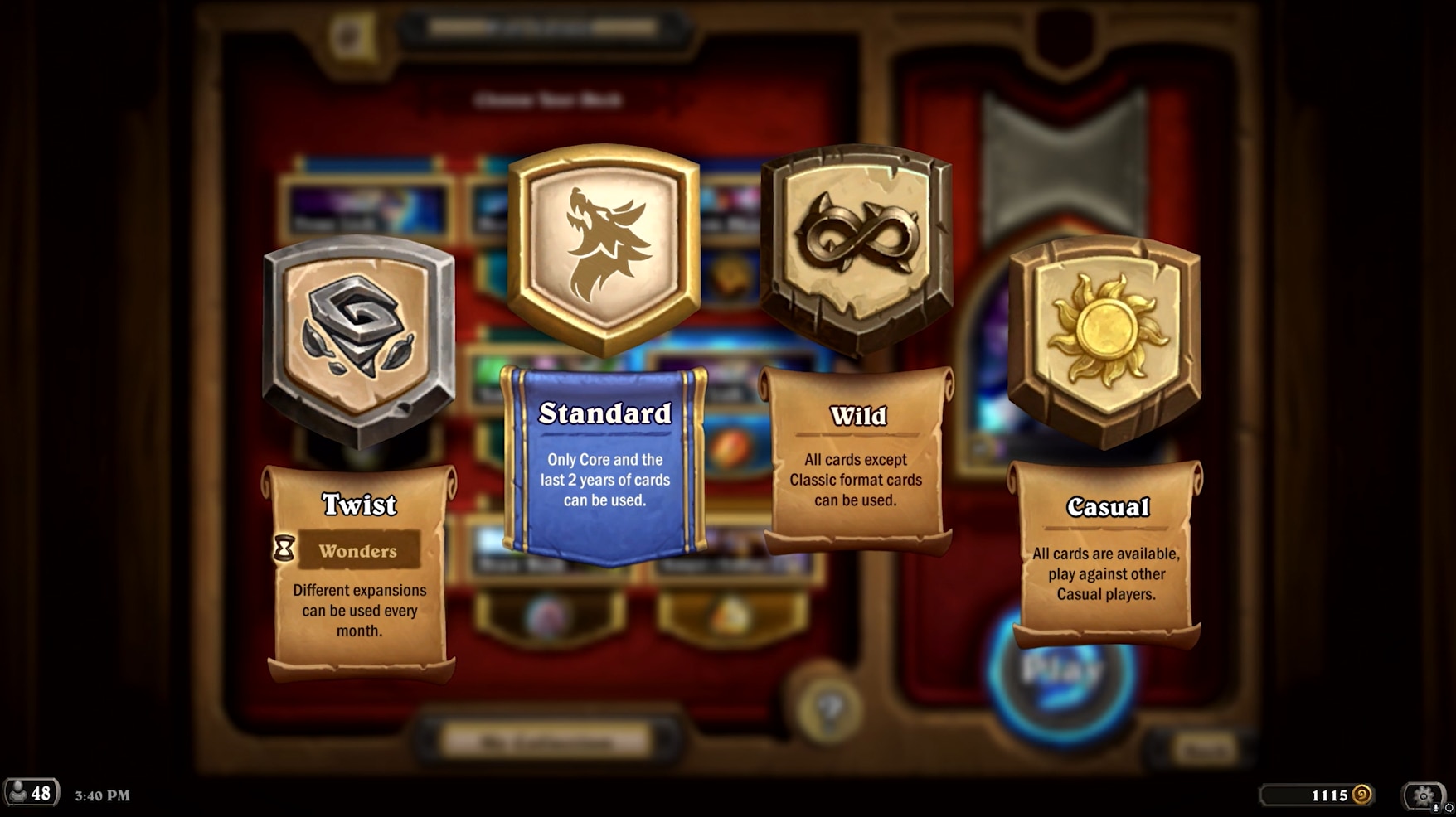 Menu histórico de Hearthstone com Padrão, Livre, Casual e Twist