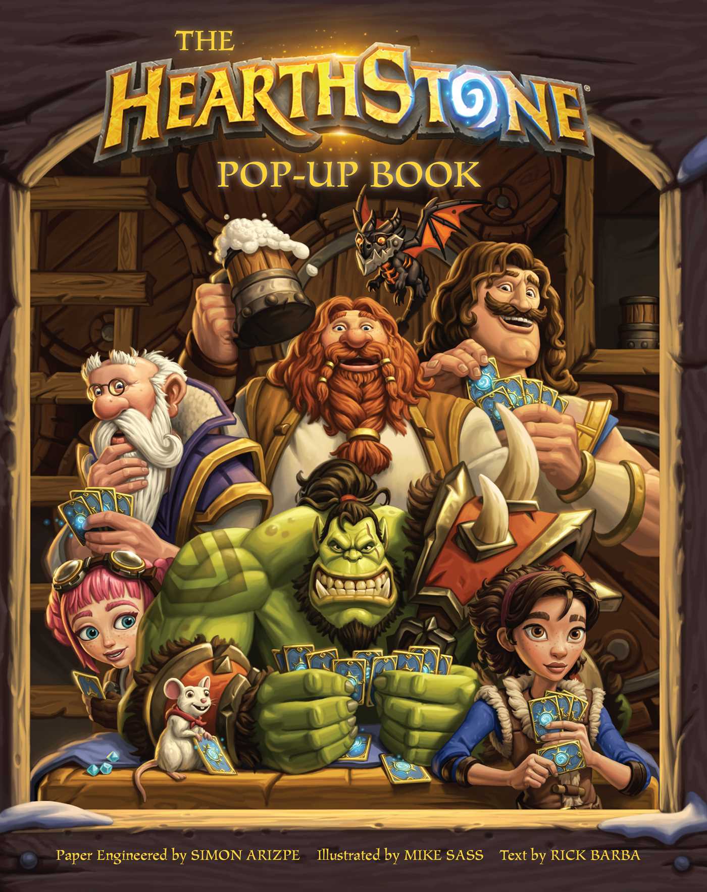 Capa de The Hearthstone Pop-Up Book com personagens jogando cartas na taverna