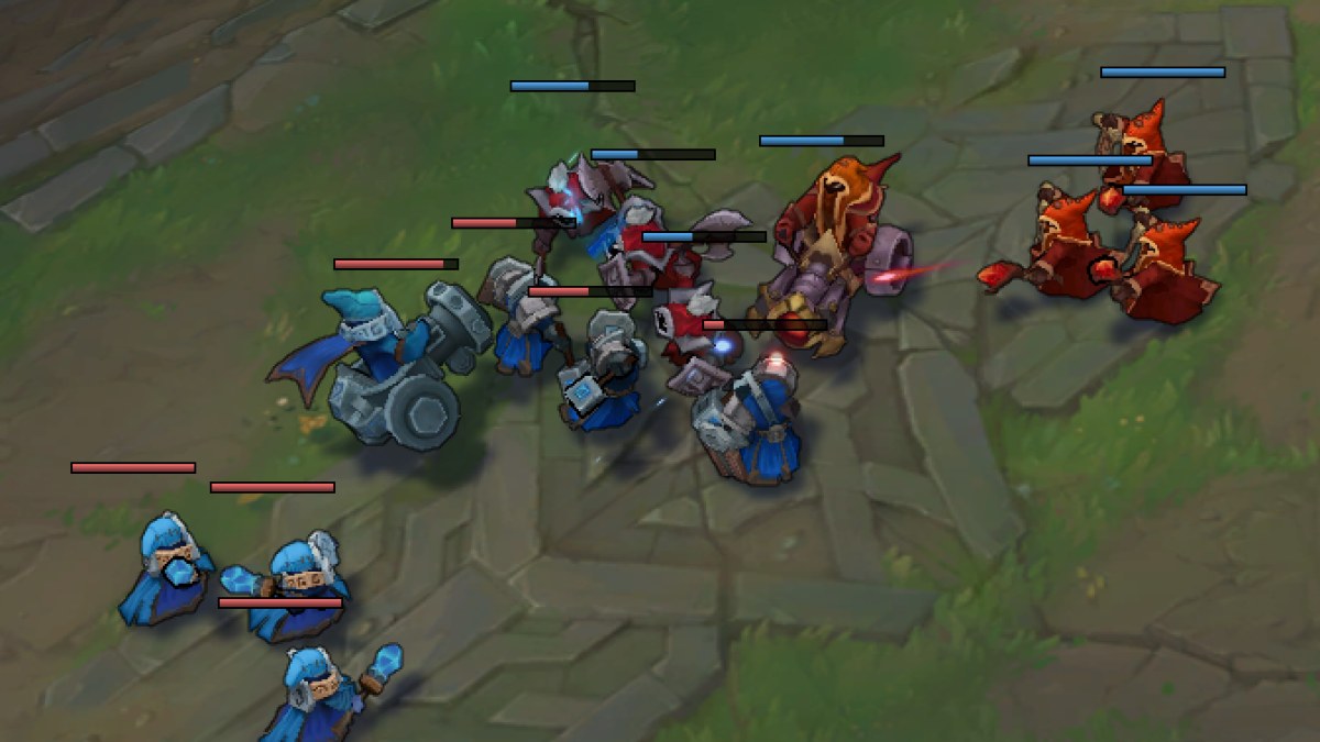 Tropas se enfrentam em uma rota de League of Legends