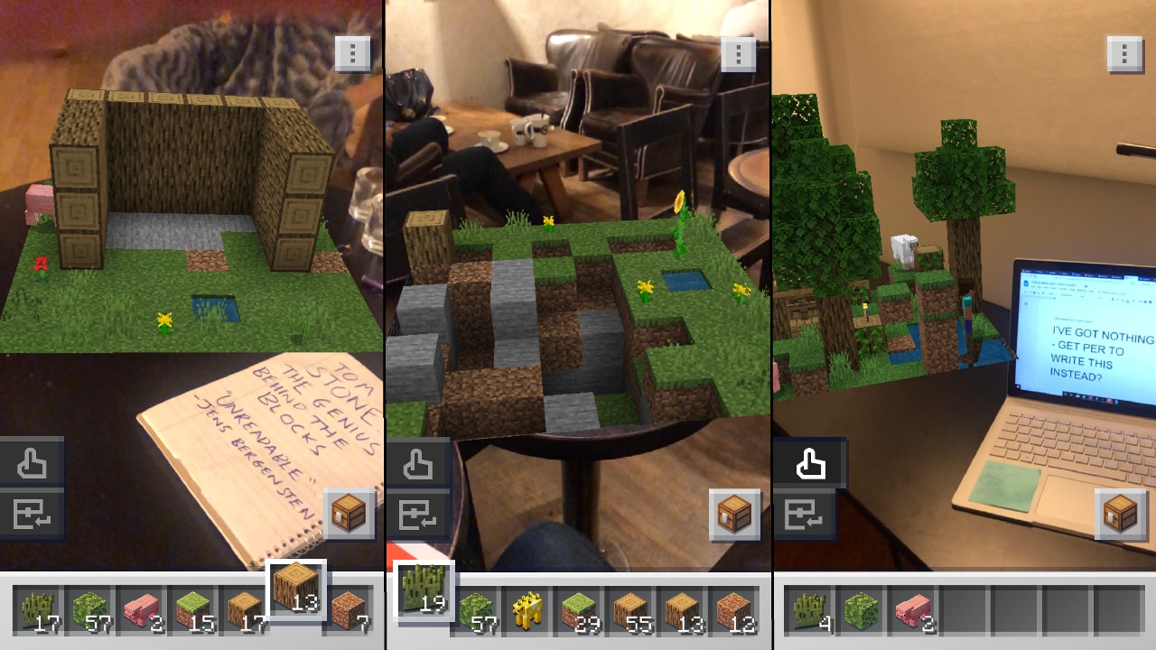 Três buildplates de Minecraft Earth projetadas sobre superfícies reais