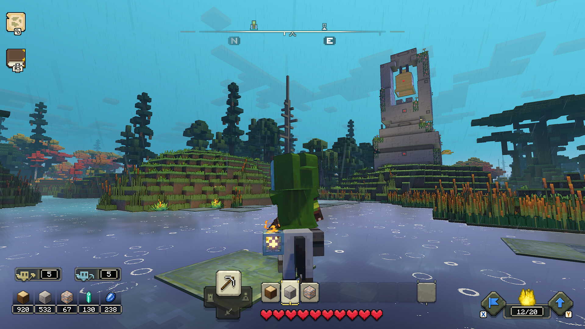 Herói montado observa uma estrutura e unidades no Overworld de Minecraft Legends