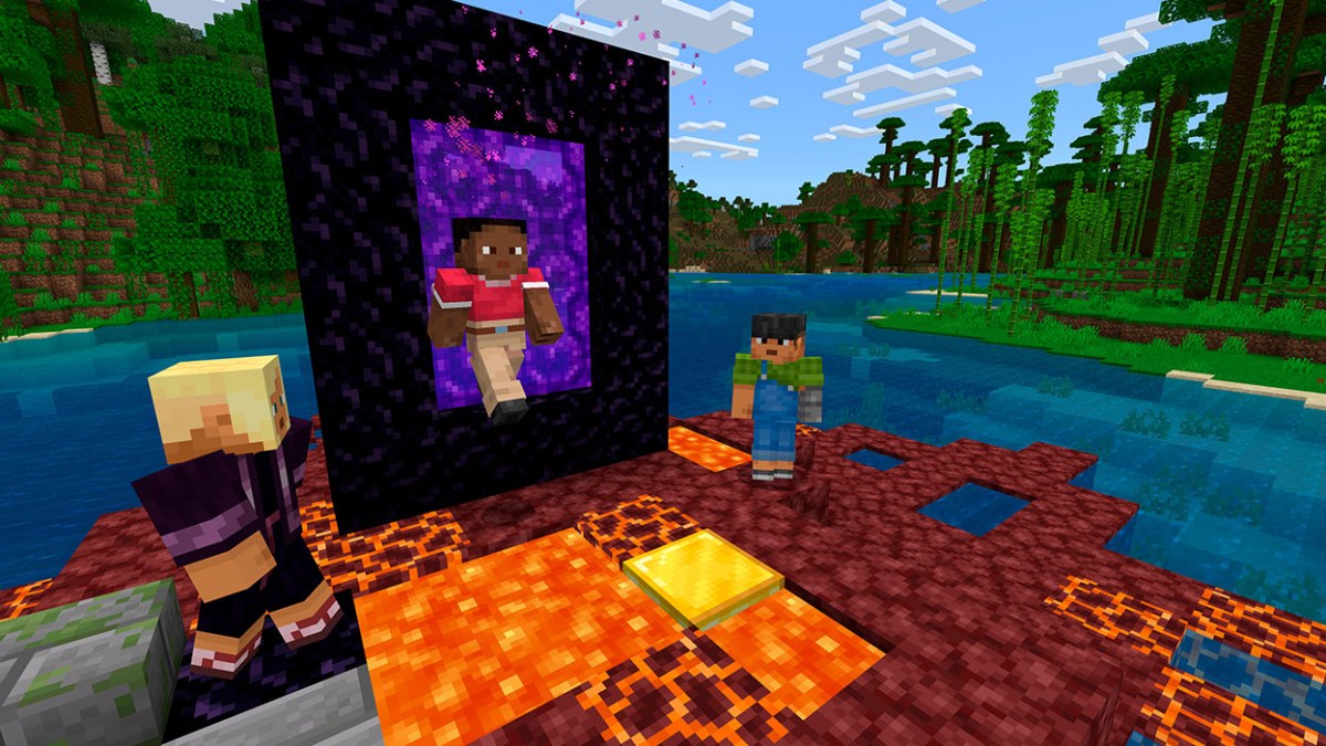 Jogadores próximos ao portal em Minecraft.