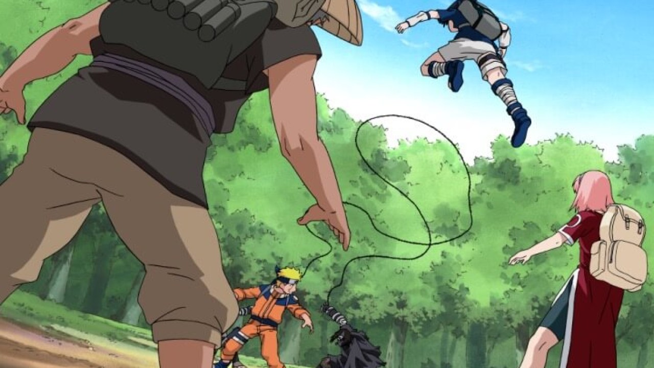 Naruto, Sasuke e Sakura em missão no arco País das Ondas.