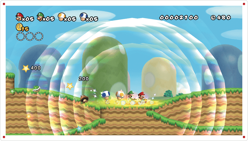 Quatro personagens dividem uma fase no Wii