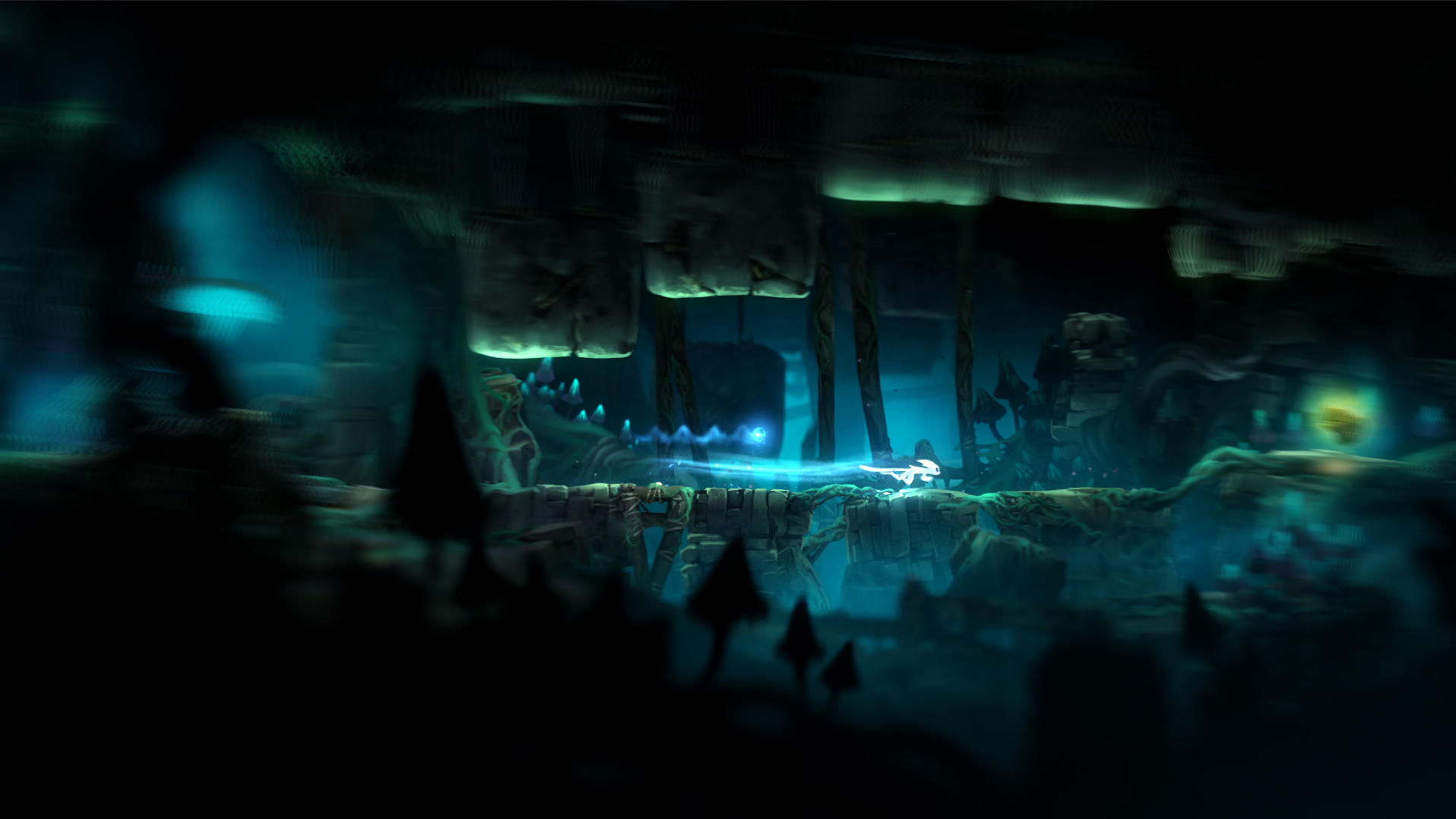Ori atravessa cenário luminoso em Ori and the Blind Forest.