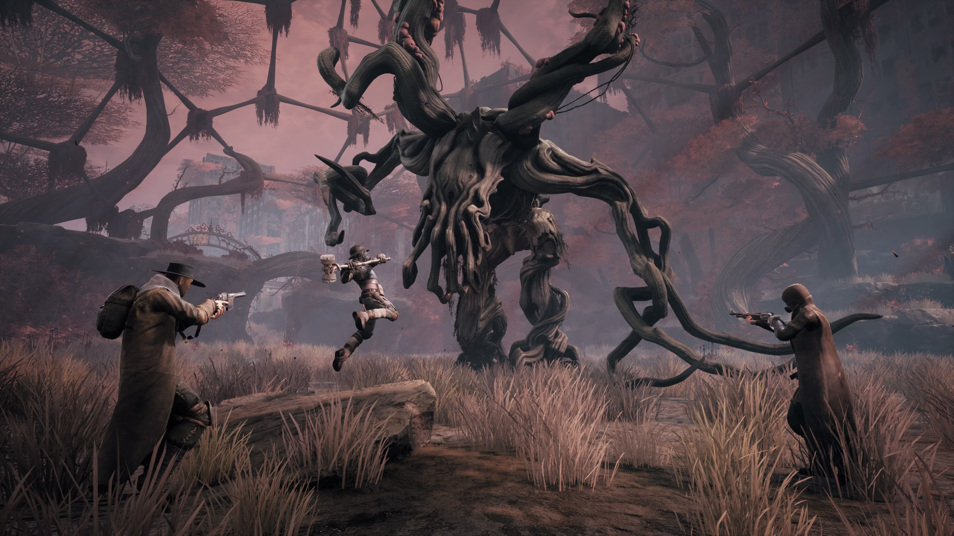 Três sobreviventes enfrentam uma criatura da Raiz em Remnant: From the Ashes.