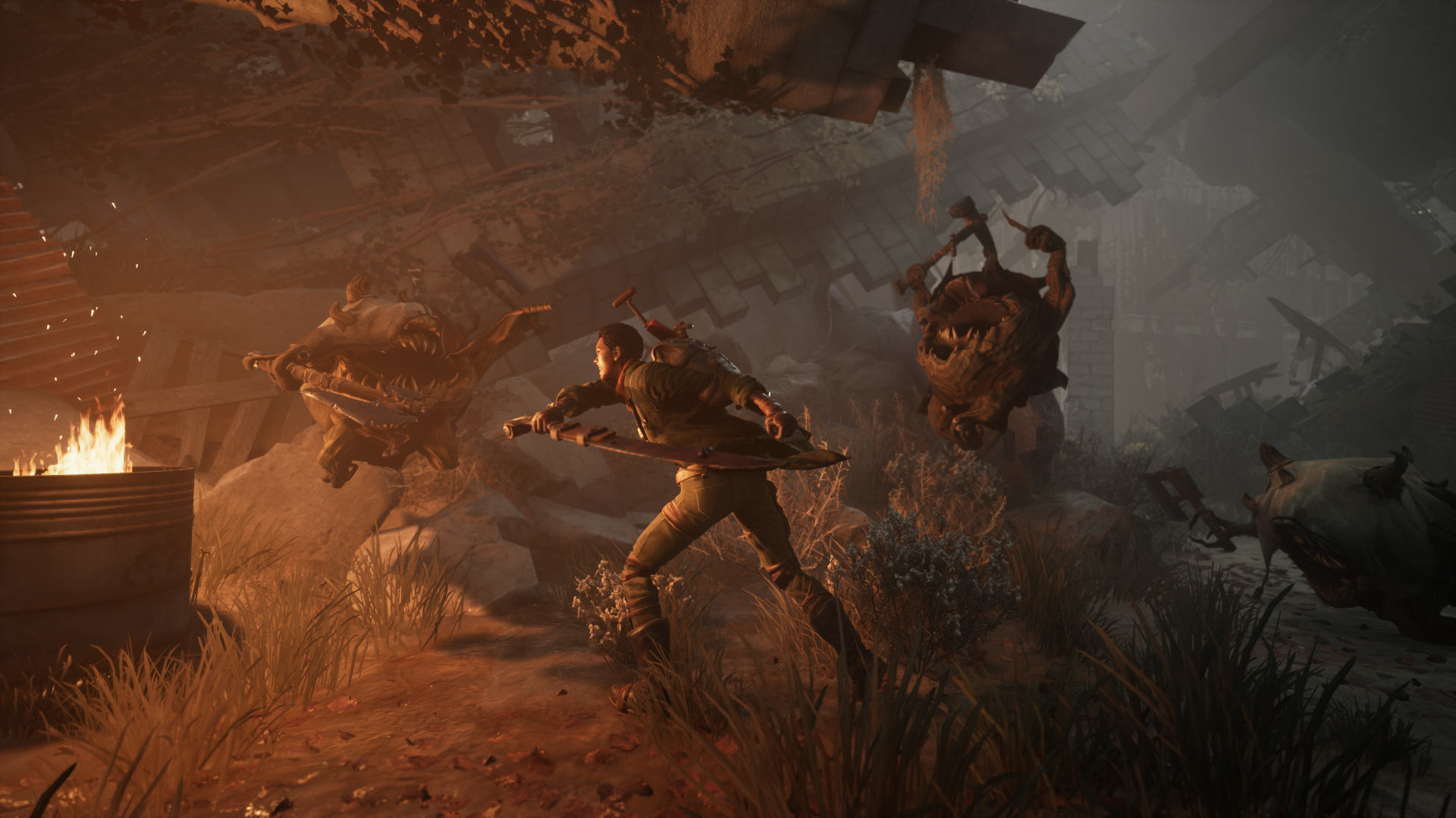 Um sobrevivente enfrenta criaturas em uma área destruída de Remnant: From the Ashes.