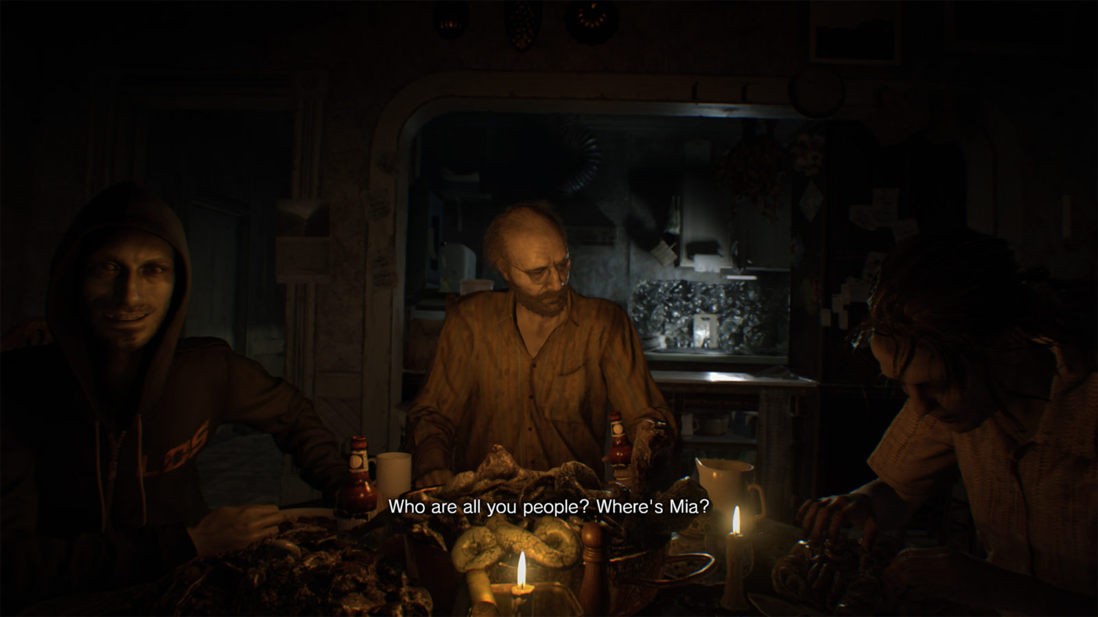 A família Baker reunida à mesa em Resident Evil 7 biohazard.