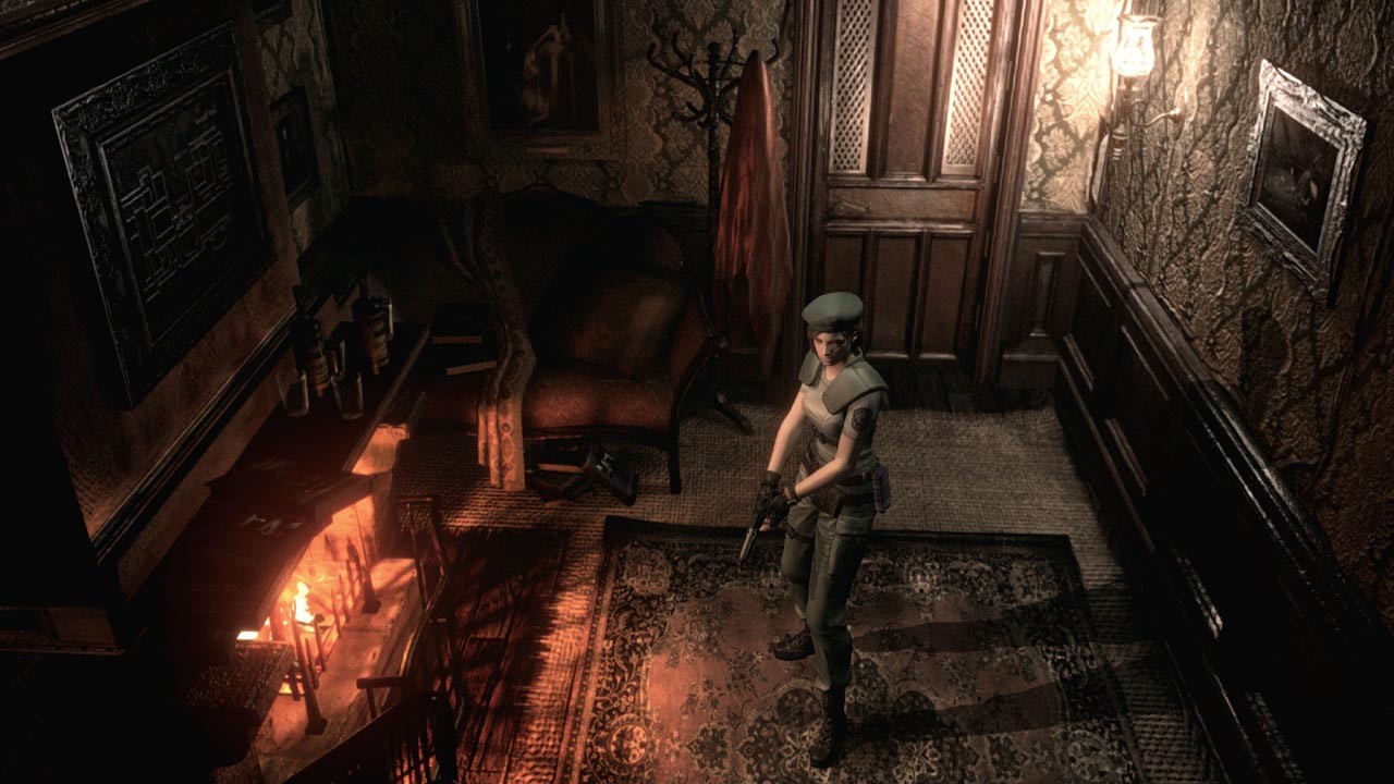 Jill em uma sala da mansão Spencer em Resident Evil Remake.