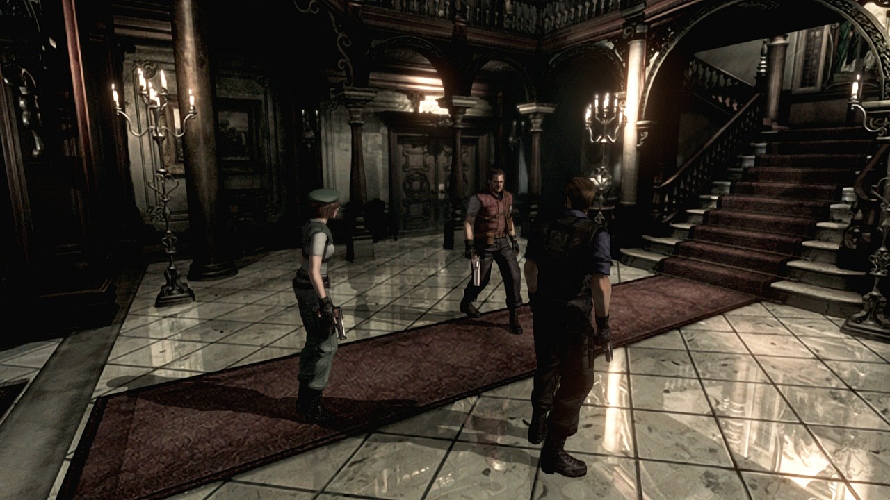 Chris e Jill no hall principal da mansão em Resident Evil Remake.