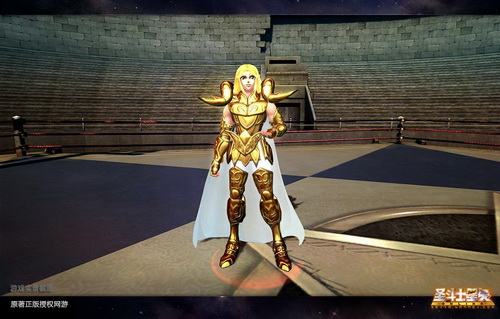 Personagem de Saint Seiya Online com armadura dourada e capa branca