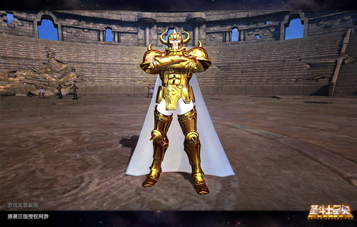Cavaleiro com armadura dourada posa numa arena de Saint Seiya Online