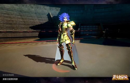 Cavaleiro com armadura dourada em uma área de Saint Seiya Online