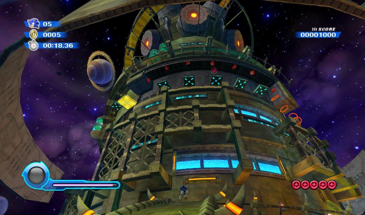 Sonic diante de uma estrutura espacial em Sonic Colors.