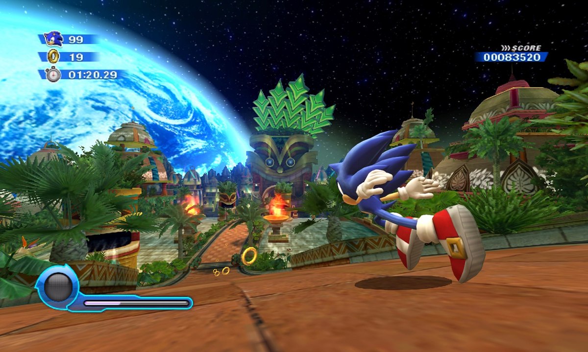 Sonic usando poder de Wisp em fase de Sonic Colors.