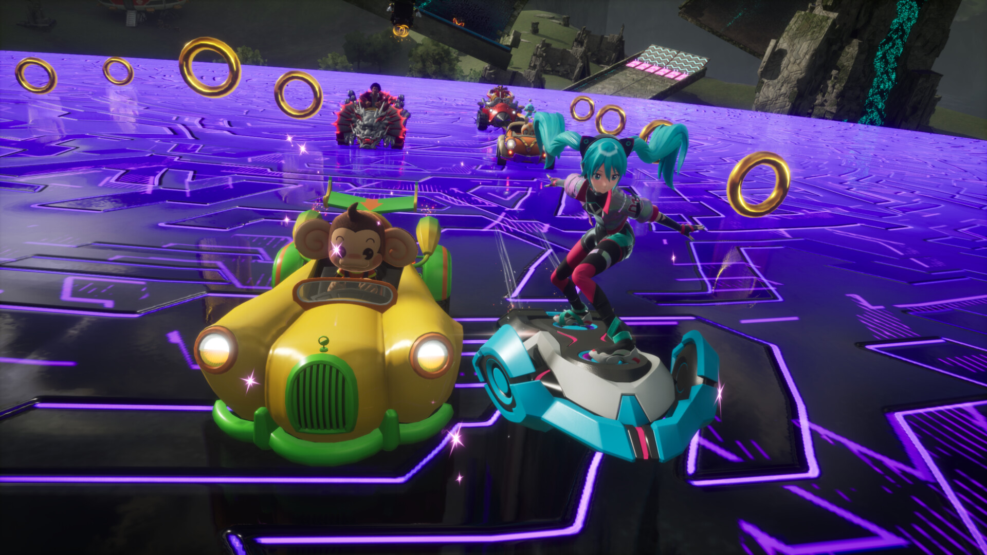 AiAi e Hatsune Miku correm com Sonic e outros personagens em Sonic Racing: CrossWorlds.