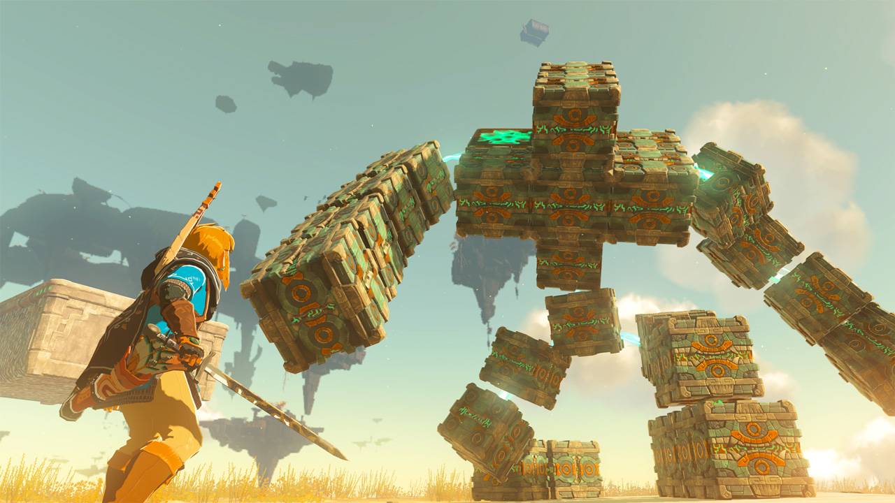 Link em uma ilha celeste diante de um Constructo