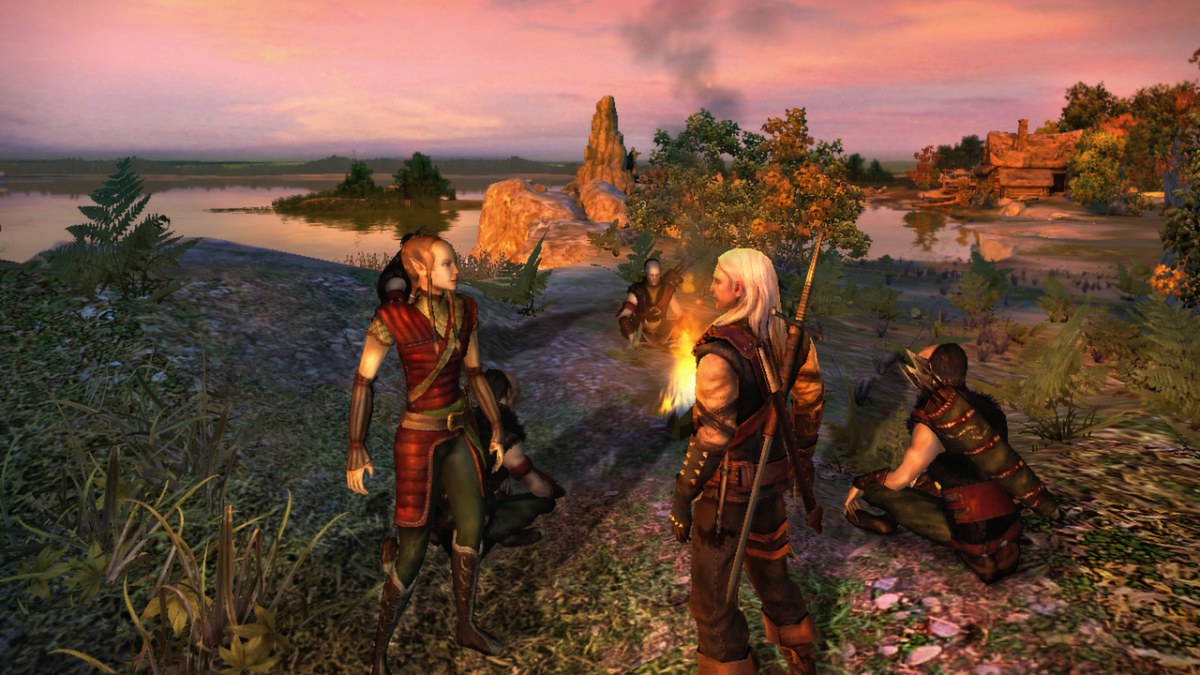 Geralt conversa em ambiente urbano de The Witcher