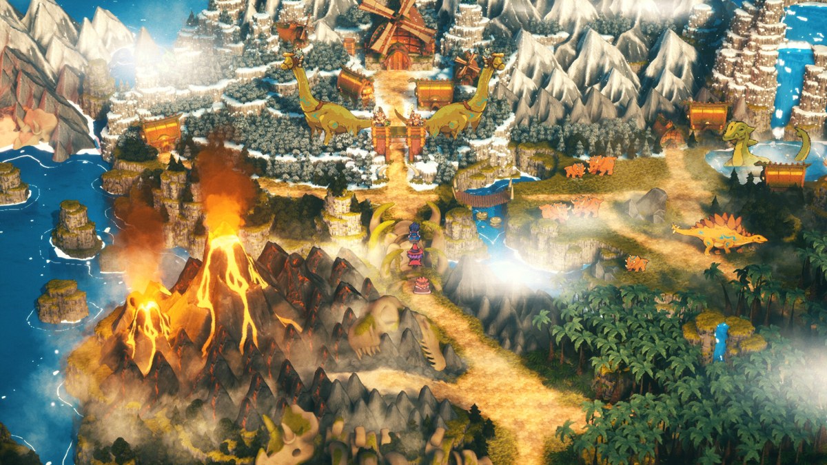Mapa pré-histórico de Threads of Time, com vulcões, montanhas e dinossauros.