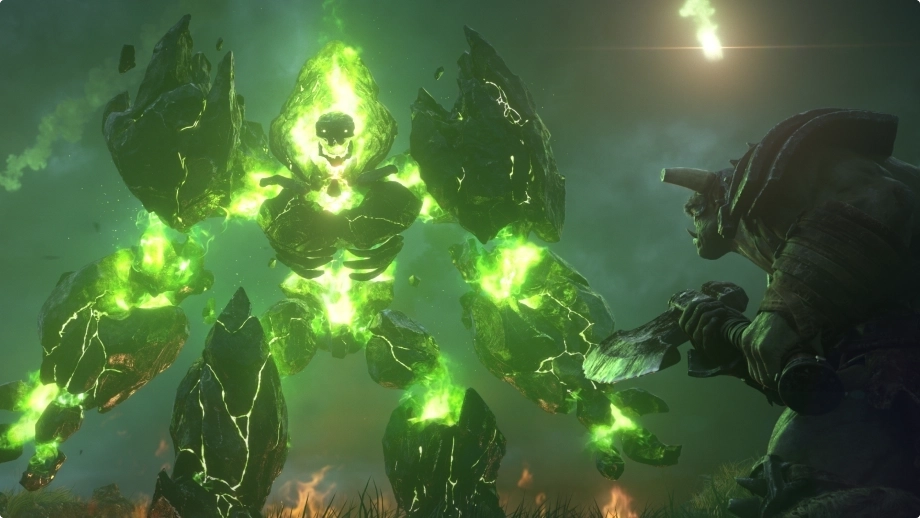 Um orc observa uma grande criatura de pedra cercada por fogo verde