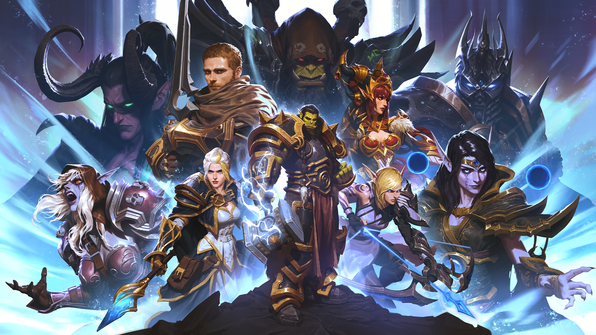 Personagens de diferentes povos e classes de World of Warcraft reunidos em uma arte oficial
