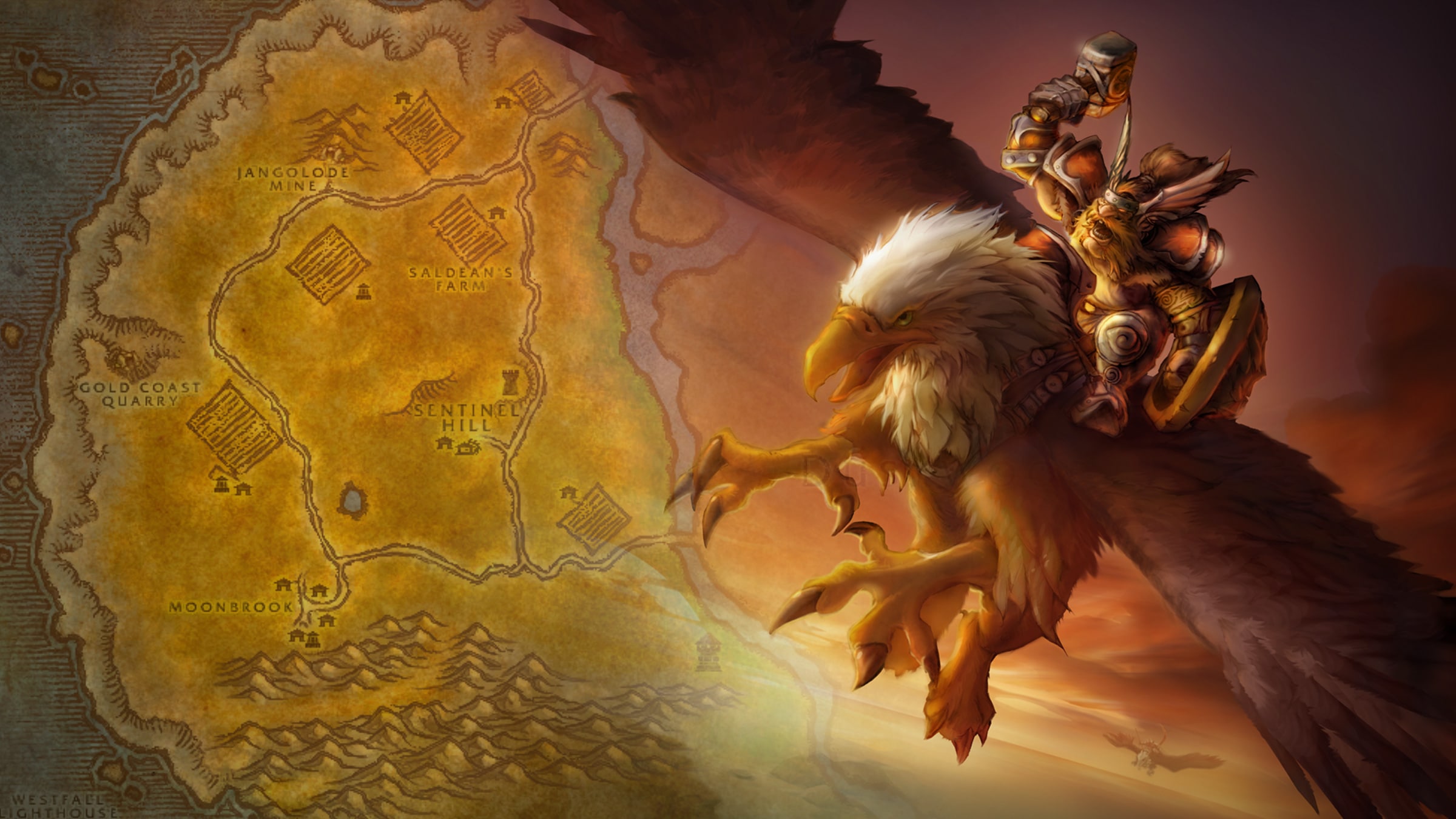 Mapa de Westfall e um Gryphon Rider aparecem na arte da demonstração de World of Warcraft Classic