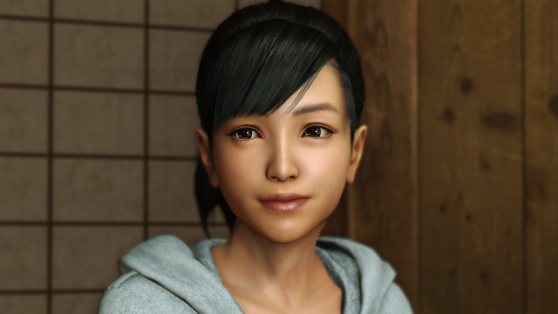 Haruka aparece em primeiro plano durante uma cena de Yakuza 6.