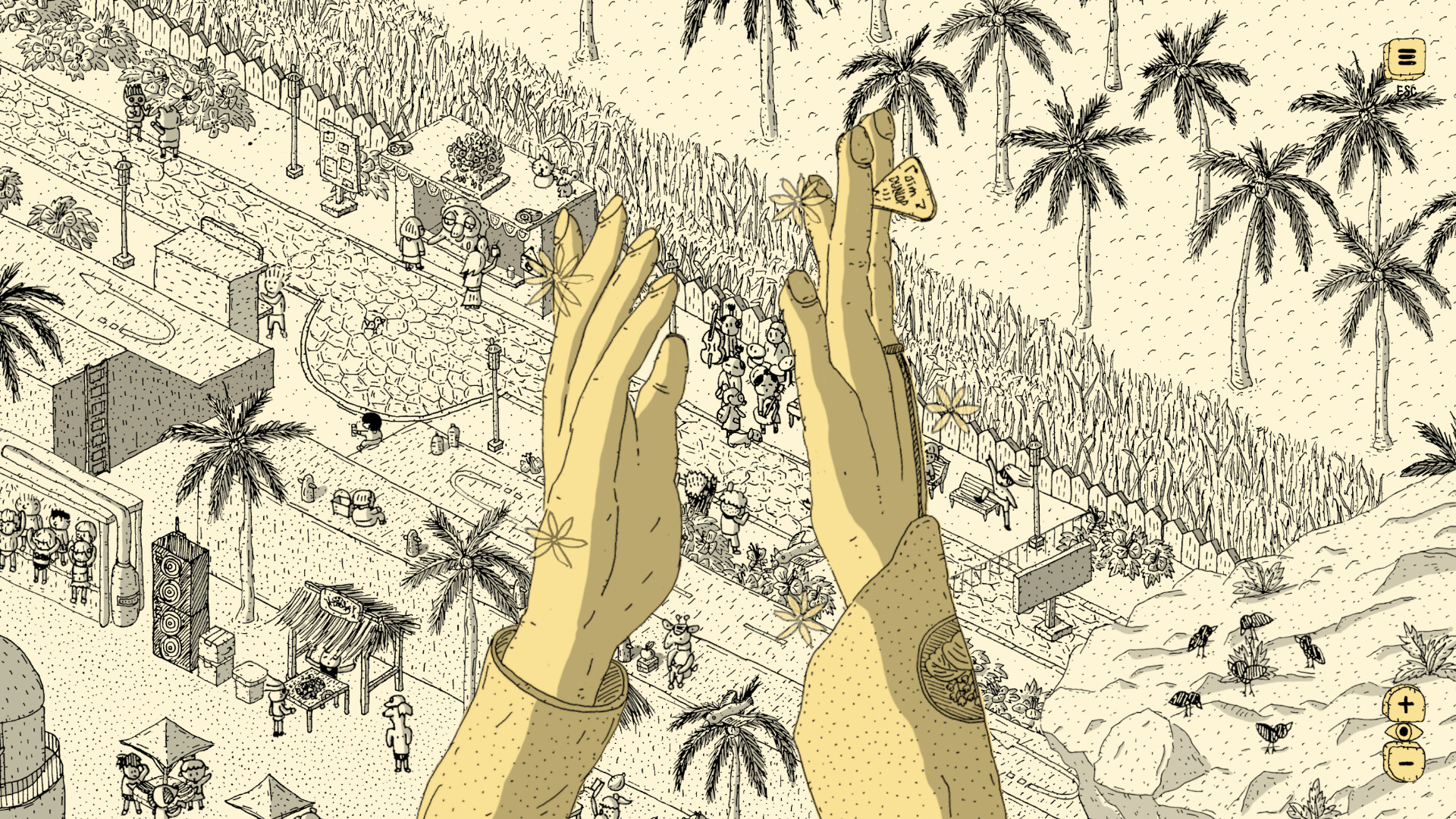 Cenário desenhado de Finding Polka com personagens, palmeiras e um monumento em forma de mãos