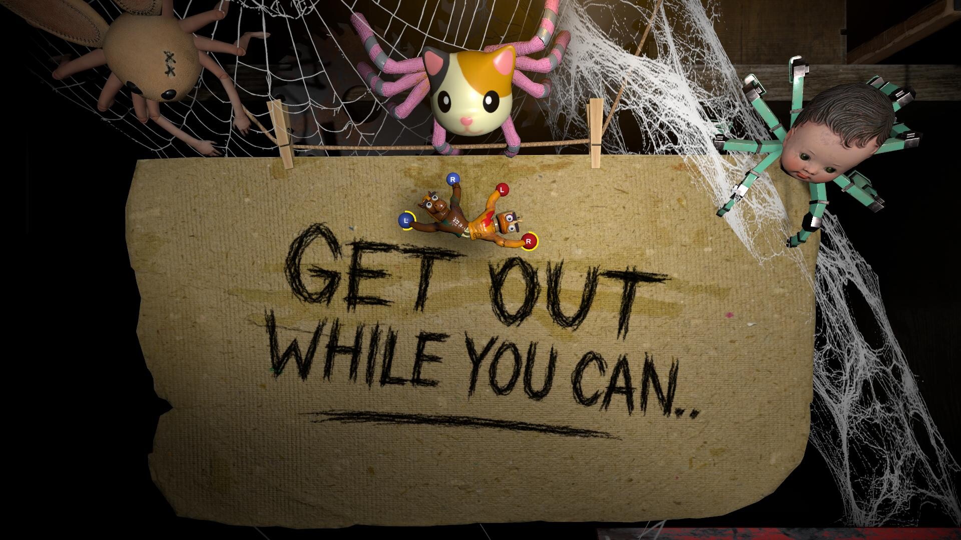 Dois brinquedos conectados se seguram em um cartaz cercado de teias e bonecos em Stuck Together