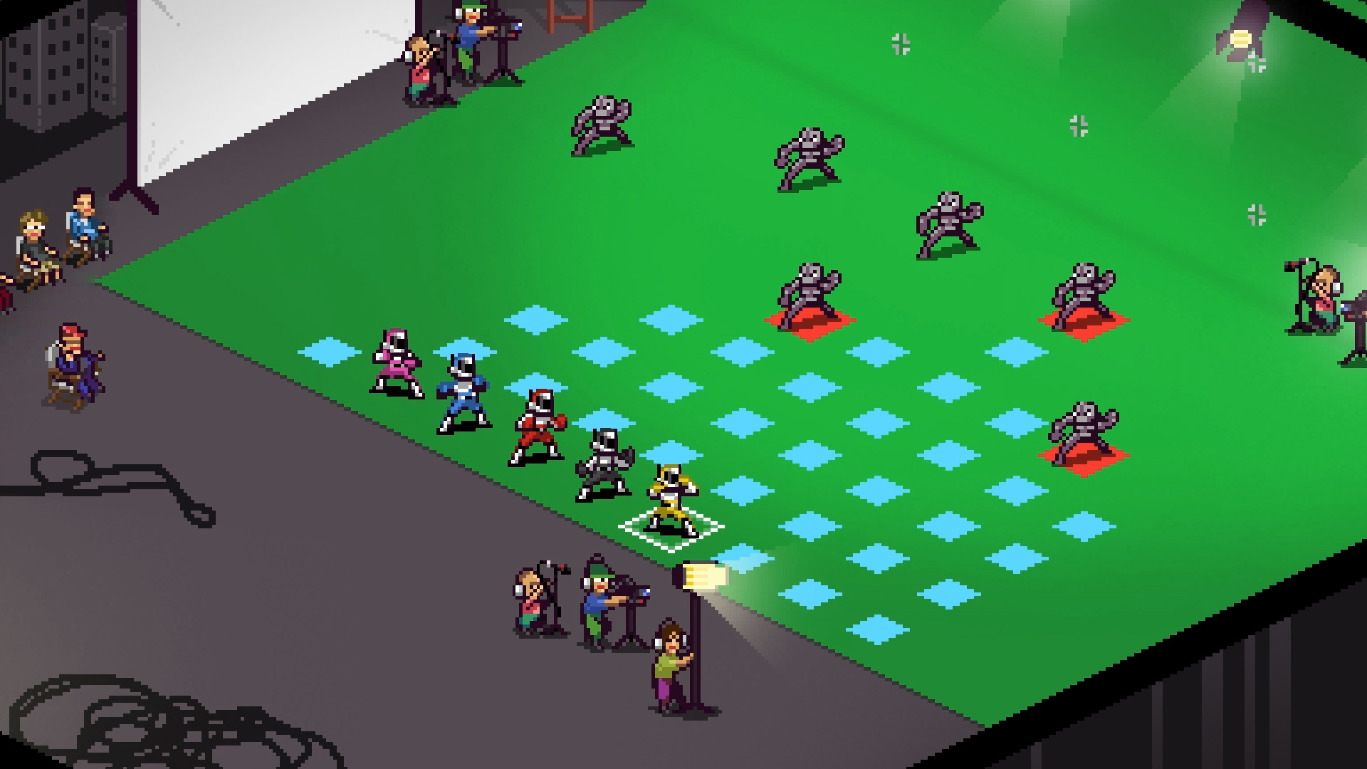 Batalha tática em Chroma Squad com heróis coloridos em grade