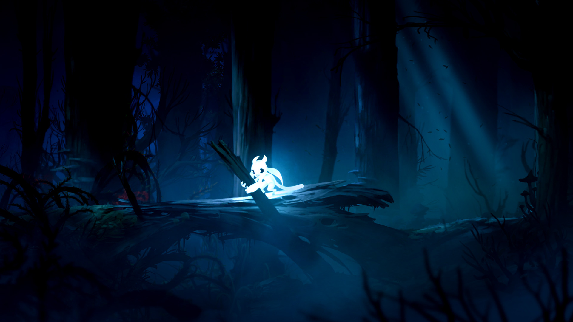 Ori usa Bash durante uma travessia em Ori and the Blind Forest.