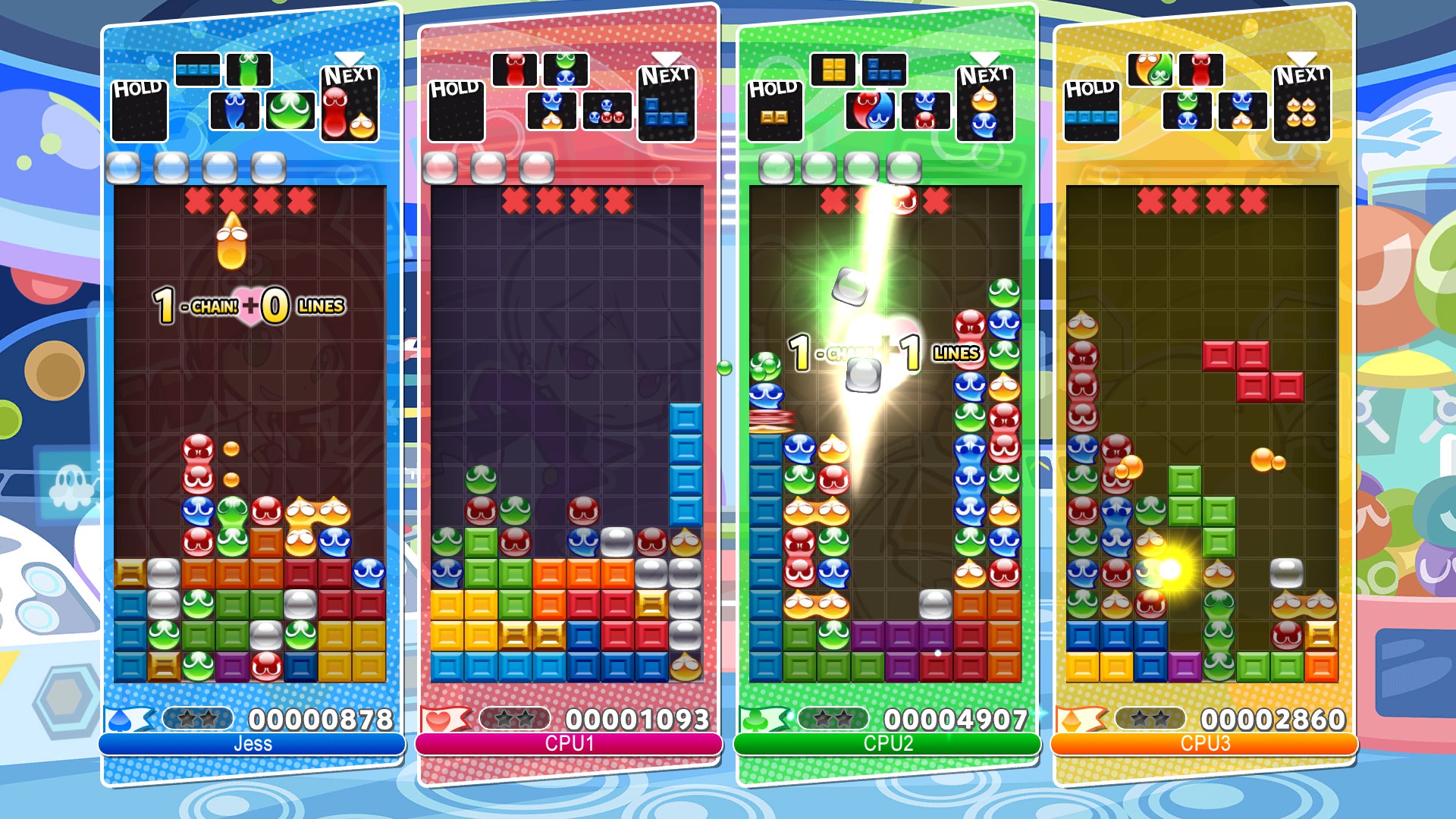Tela de duelo em Puyo Puyo Tetris com campos de puzzle lado a lado