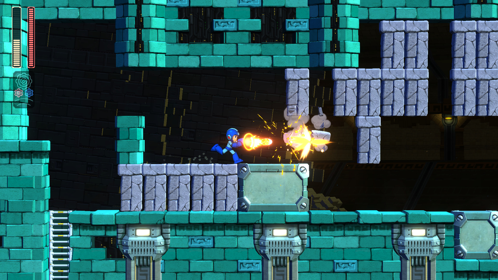 Mega Man usando tiro carregado em fase lateral de Mega Man 11